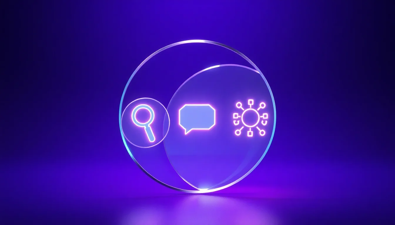 Abstract illustration of three overlapping translucent circles like a Venn diagram, each containing a glowing icon — a magnifying glass, a speech bubble, and an AI chat node — converging at a shared center