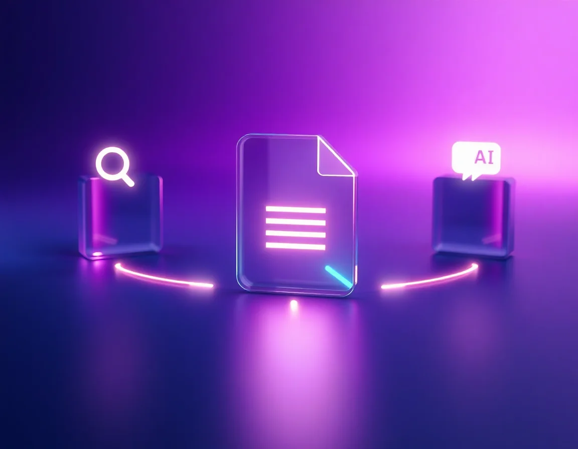 Abstract diagram of a document node branching into three glowing pathways, each leading to a different icon — a badge, a chat bubble, and a robot face — representing three distinct optimization targets from one piece of content