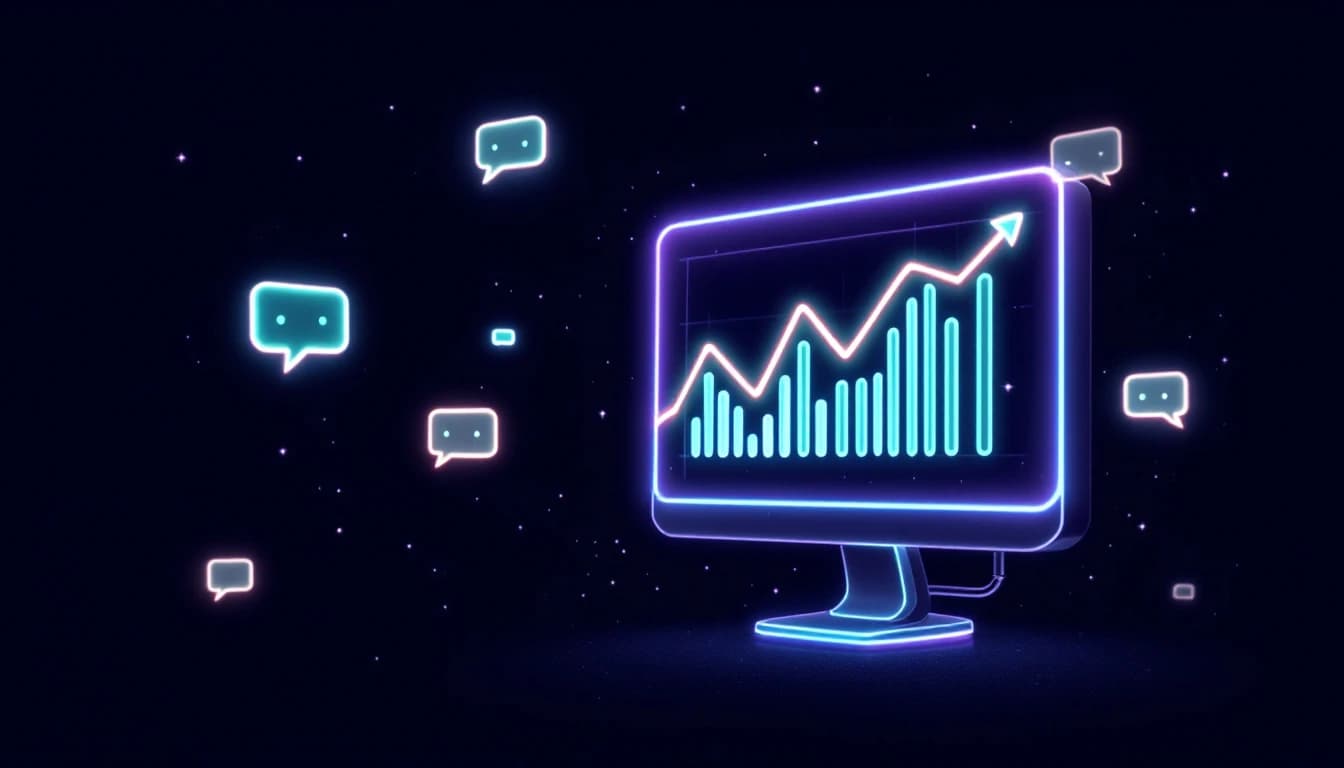Abstract illustration of a glowing dashboard icon with an upward-trending line chart on its screen, surrounded by small glowing chat-bubble icons connected by thin light lines, representing tracking AI citations over time