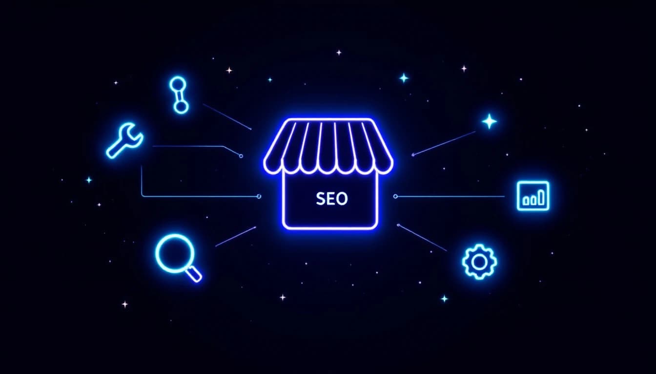 Abstract illustration of a glowing storefront icon at the center connected by thin light lines to four small tool icons — a wrench, a magnifying glass, a chart, and a gear