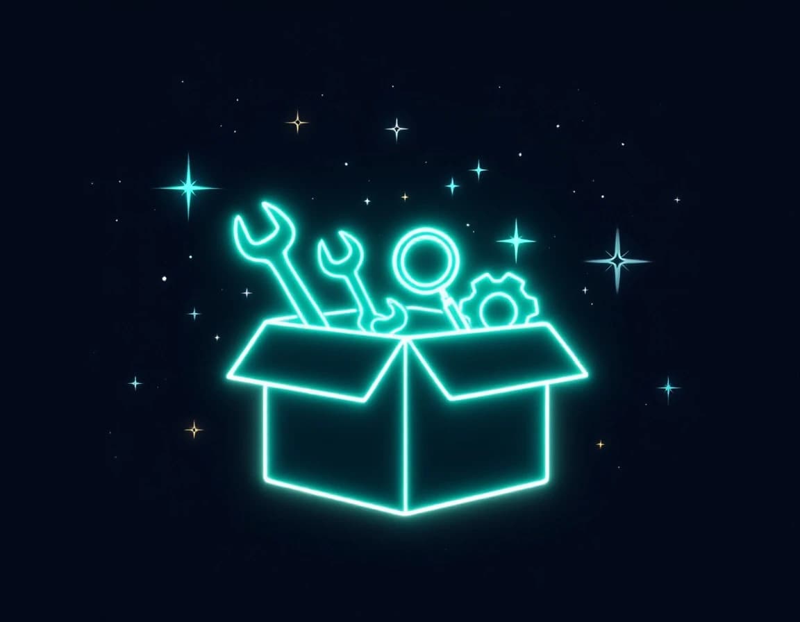 Abstract illustration of an open toolbox icon with small tool icons inside it — a wrench, a magnifying glass, and a gear