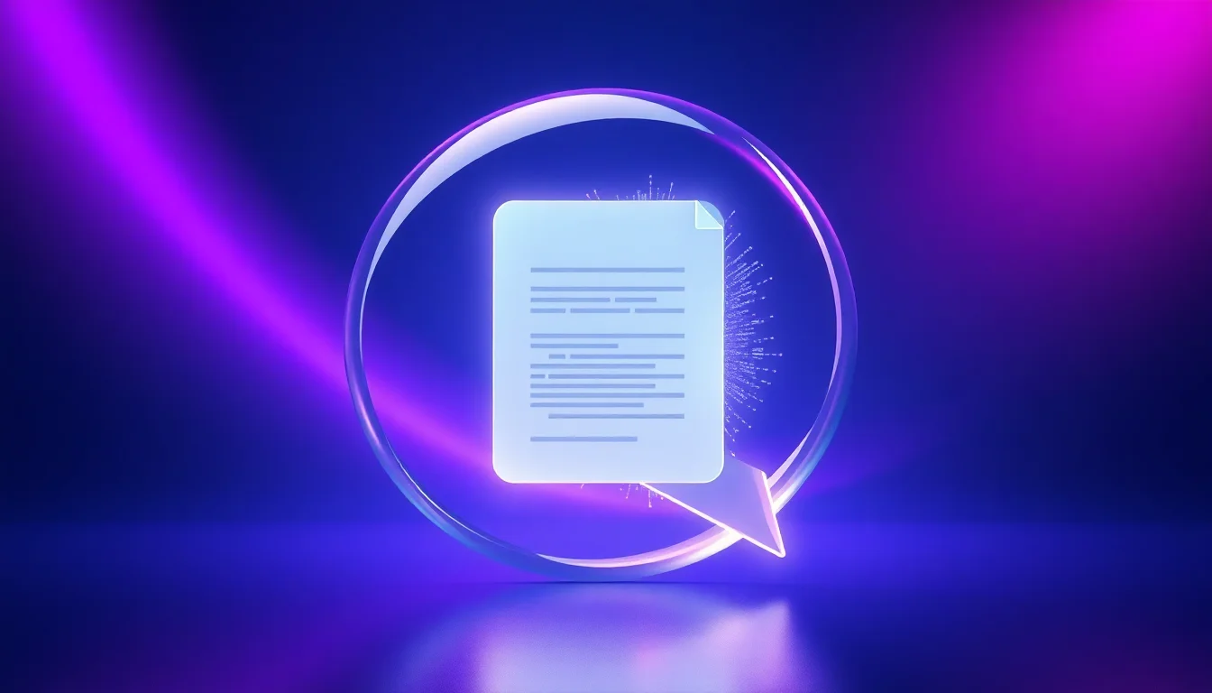 Abstract illustration of a glowing chat-bubble shape with a document silhouette dissolving into light particles flowing into it, representing written content being absorbed and quoted inside an AI conversation