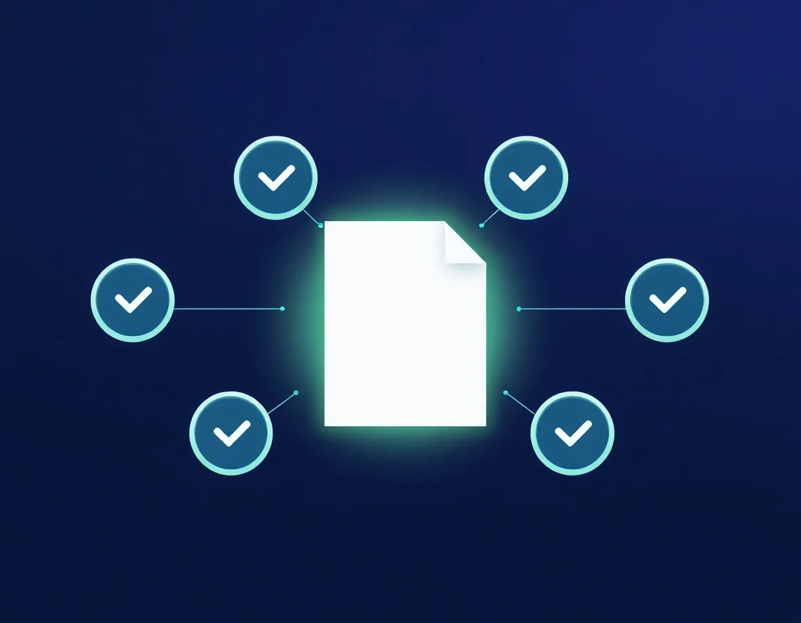 Infographic-style illustration of a five-point checklist radiating from a central document icon toward a glowing checkmark seal, representing a citability self-audit