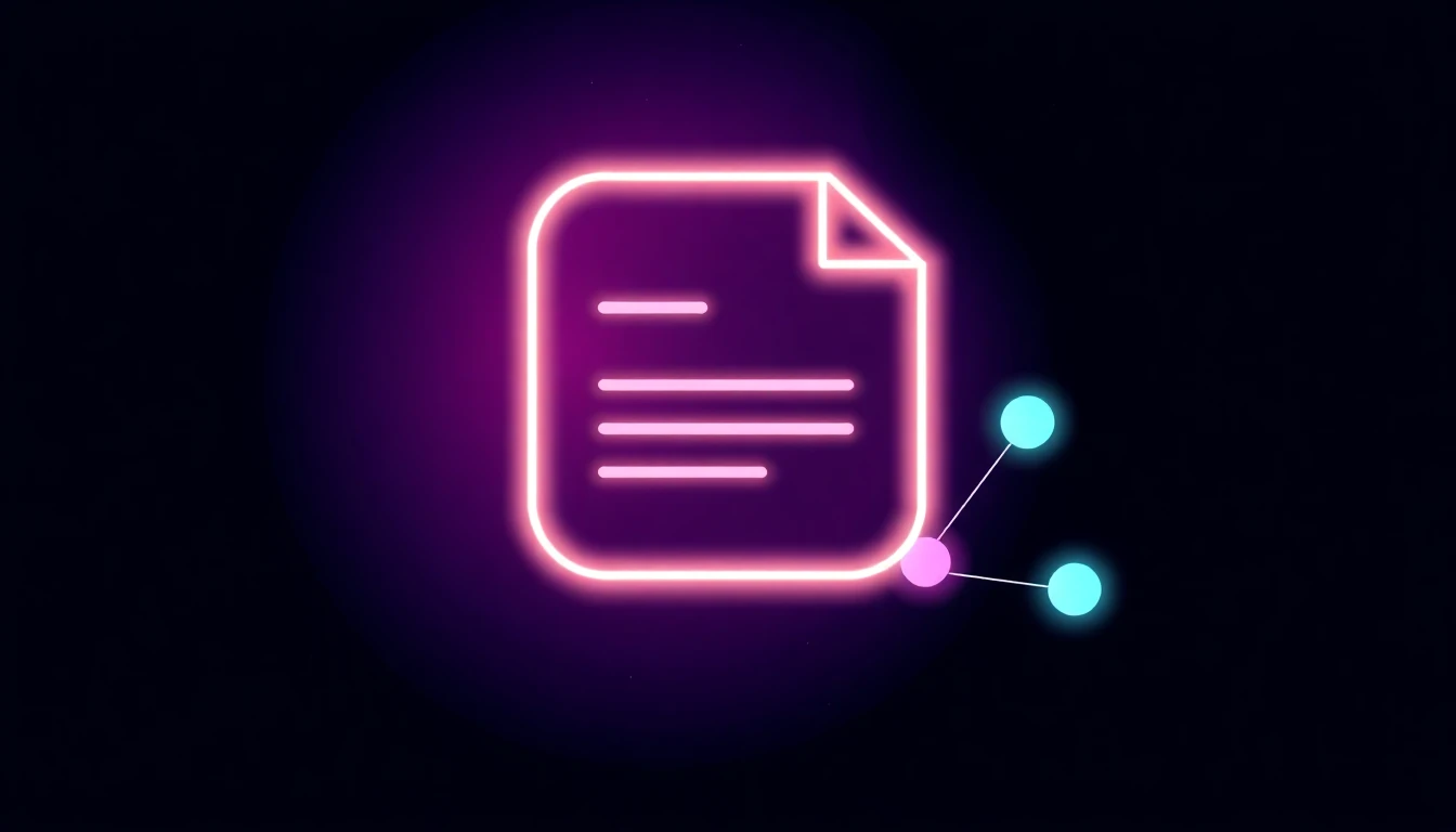 Abstract illustration of a glowing outlined document connected by thin light lines to three small glowing orb nodes in teal, violet and pink, representing content distributed across multiple channels
