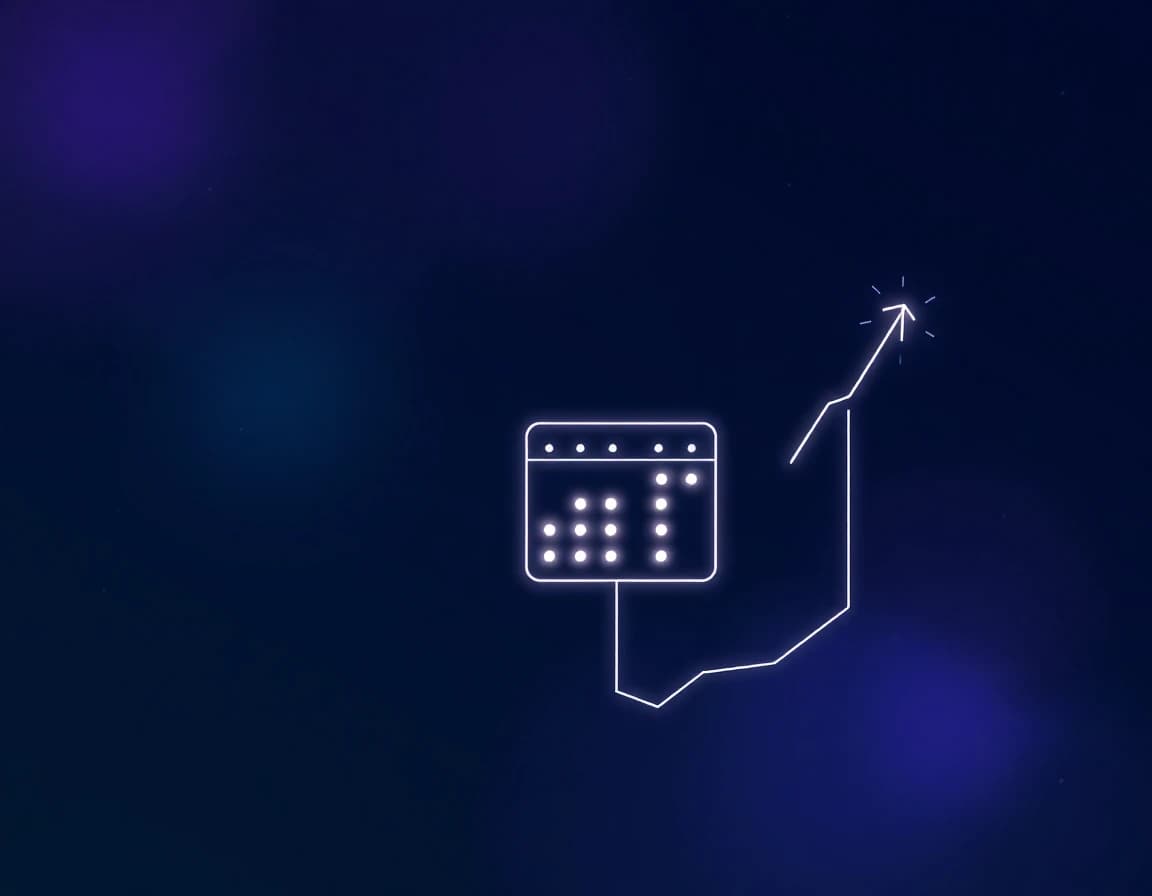 Infographic-style illustration of a glowing calendar icon connected to an upward-trending arrow, representing a consistent publishing calendar driving compounding growth