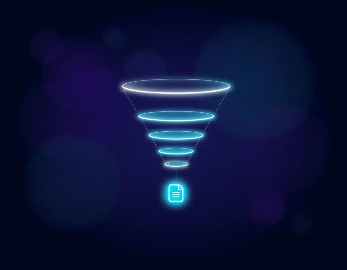 Abstract illustration of a glowing funnel narrowing from a wide top band down to a small document icon at the bottom, representing content mapped to funnel stage