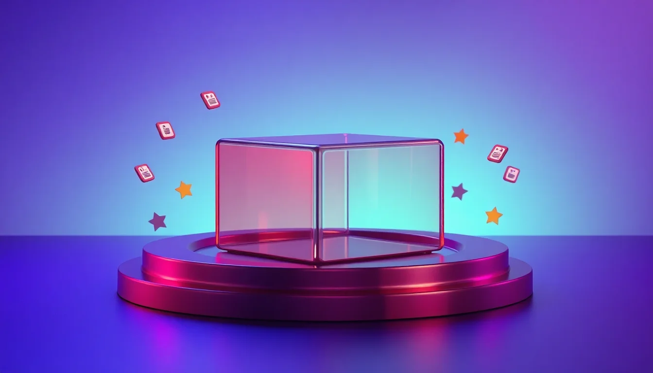 Abstract illustration of a glowing product box icon surrounded by small floating structured-data tag icons and star rating icons orbiting it, representing a schema-rich, well-structured ecommerce product page