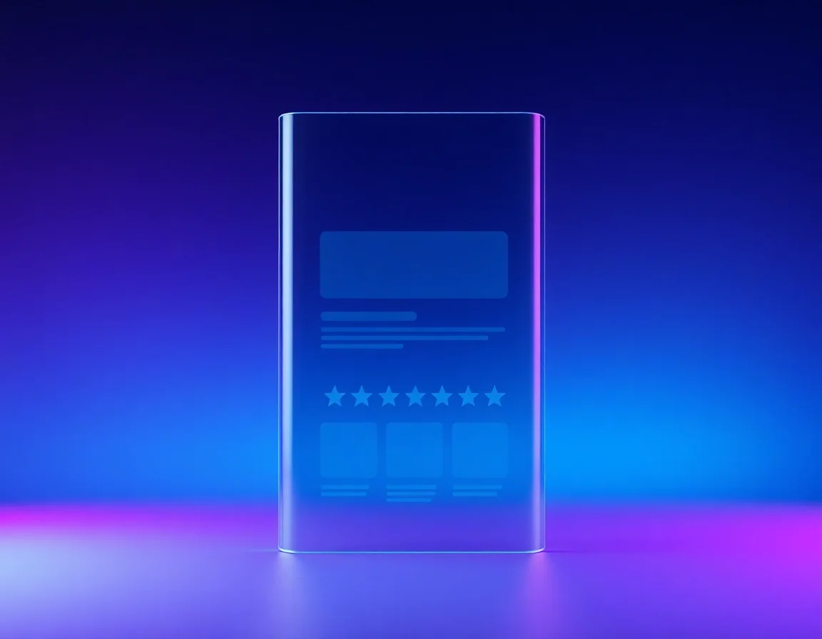 Abstract wireframe-style illustration of a product page layout with a title bar, an image block, description lines, and a star-rating row, connected by thin light lines