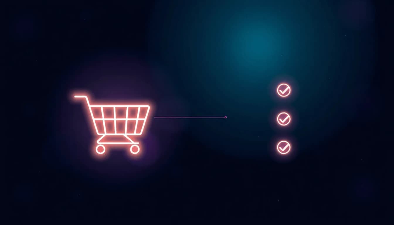 Abstract illustration of a glowing shopping cart icon connected by a thin light line to a vertical checklist of three glowing checkmarks, representing an ecommerce SEO checklist