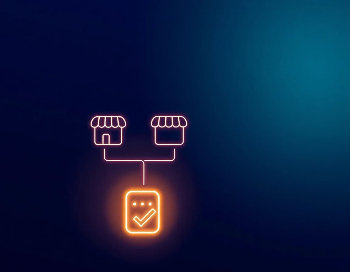 Abstract illustration of two small glowing storefront icons connected down to a single shared glowing checklist icon, representing a platform-agnostic ecommerce SEO checklist