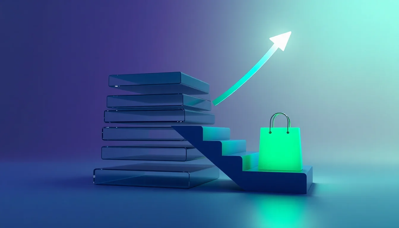 Abstract illustration of a staircase built from stacked article layers rising toward a growth arrow, with a shopping bag icon at the base, representing compounding ecommerce content growth