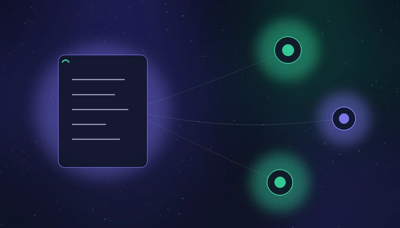 Abstract illustration of a glowing document radiating light beams outward to three separate glowing nodes representing different AI models, on a dark indigo and emerald background