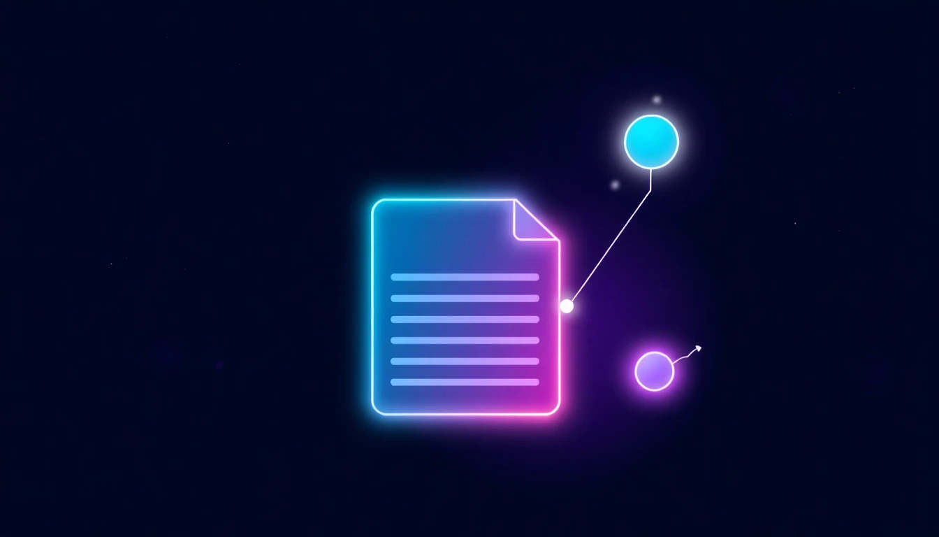 Abstract illustration of a glowing document with structured text lines, connected by light lines to two small glowing orb nodes, representing an SEO content writing service producing structured, connected content