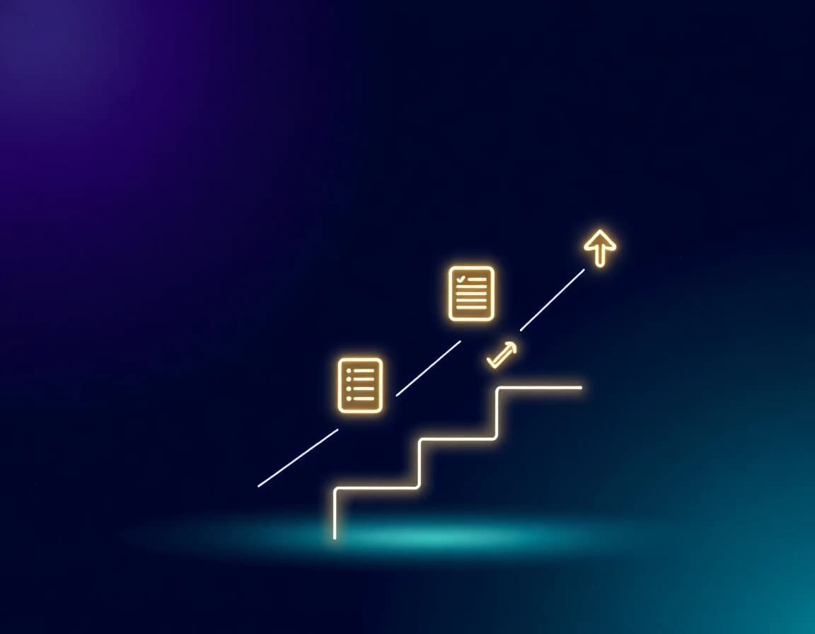 Infographic-style illustration of an ascending staircase with a research checklist, a content document, and an upward arrow, representing the step-by-step process from research to ranking