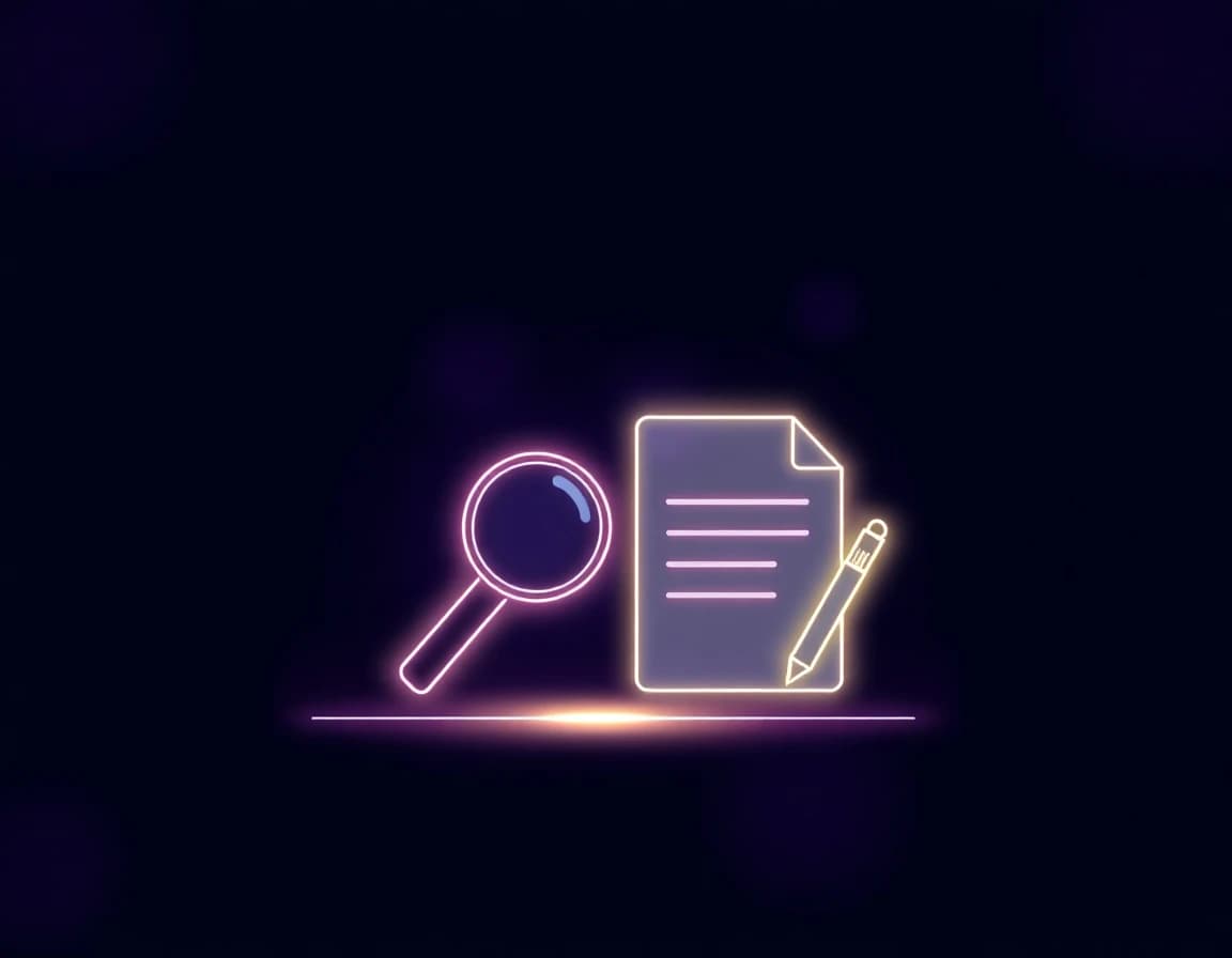 Abstract illustration of a glowing magnifying glass beside a glowing document and pencil icon, representing the research step that precedes writing in a real SEO content service