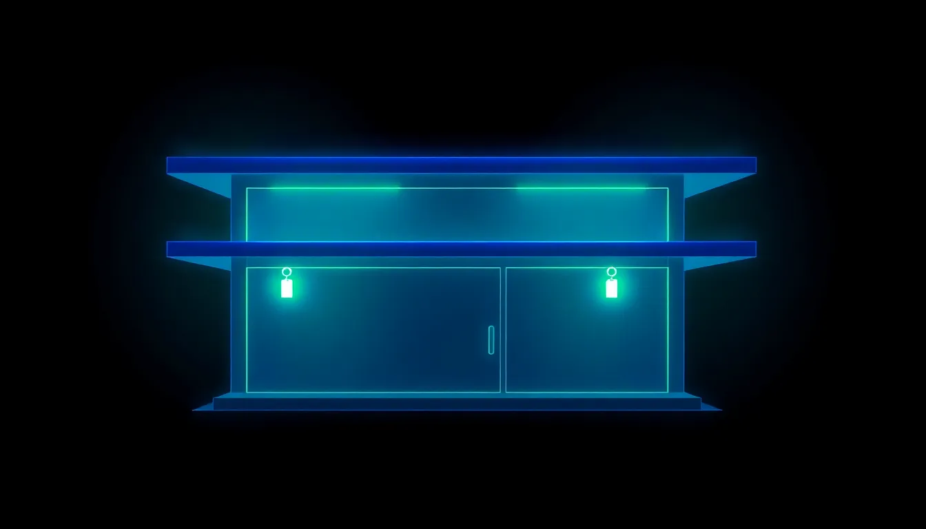 Abstract illustration of a glowing storefront icon built from four stacked translucent layers, each layer tagged with a small structured-data bracket icon, representing the layered structure of ecommerce SEO