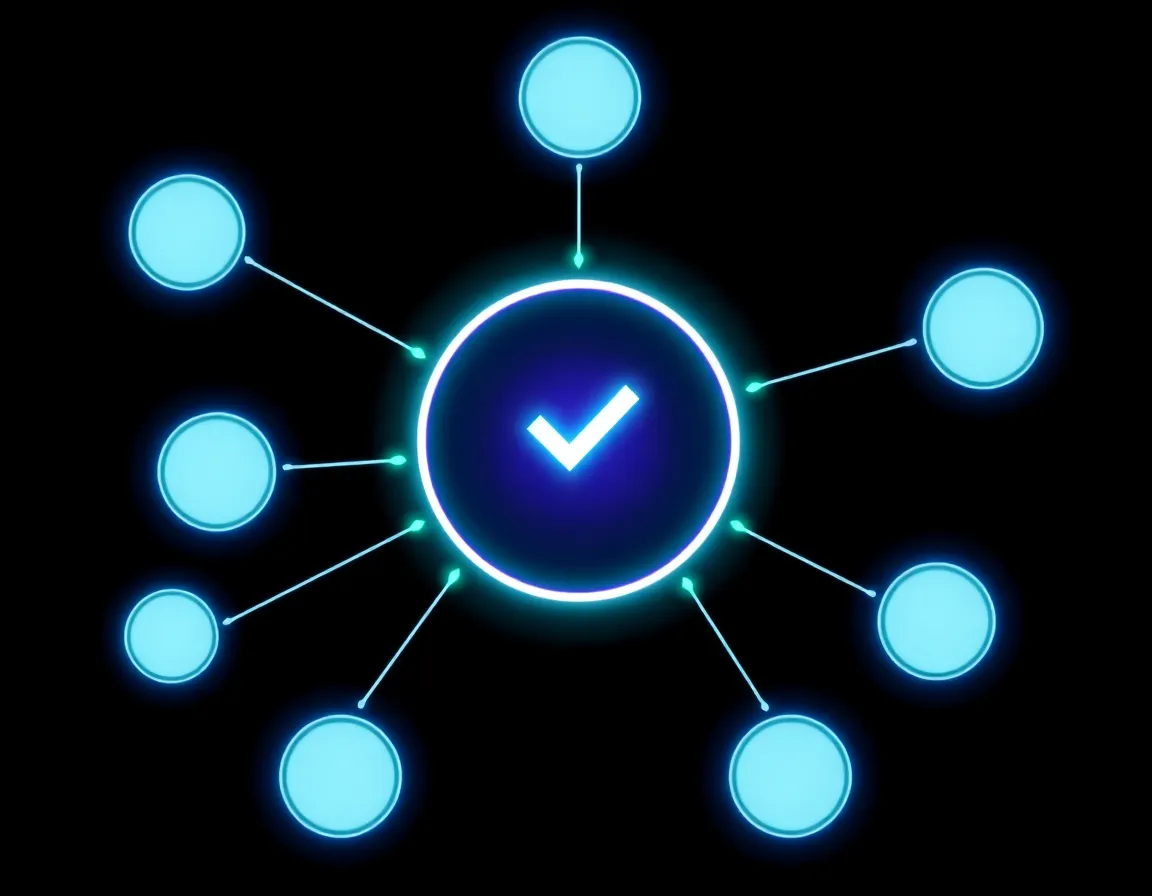 Infographic-style illustration of a six-step checklist radiating from a central glowing checkmark seal, representing a practical ecommerce SEO audit