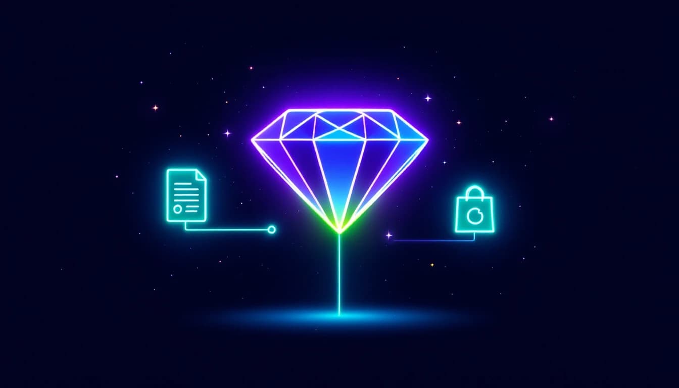 Abstract illustration of a glowing gemstone icon at the center connected by thin light lines to three small icons — a document, a magnifying glass, and a shopping bag