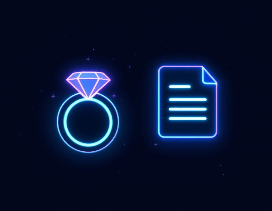 Abstract illustration of a glowing ring icon beside a document icon with short text lines, connected by a thin light line, representing writing a unique jewelry product description