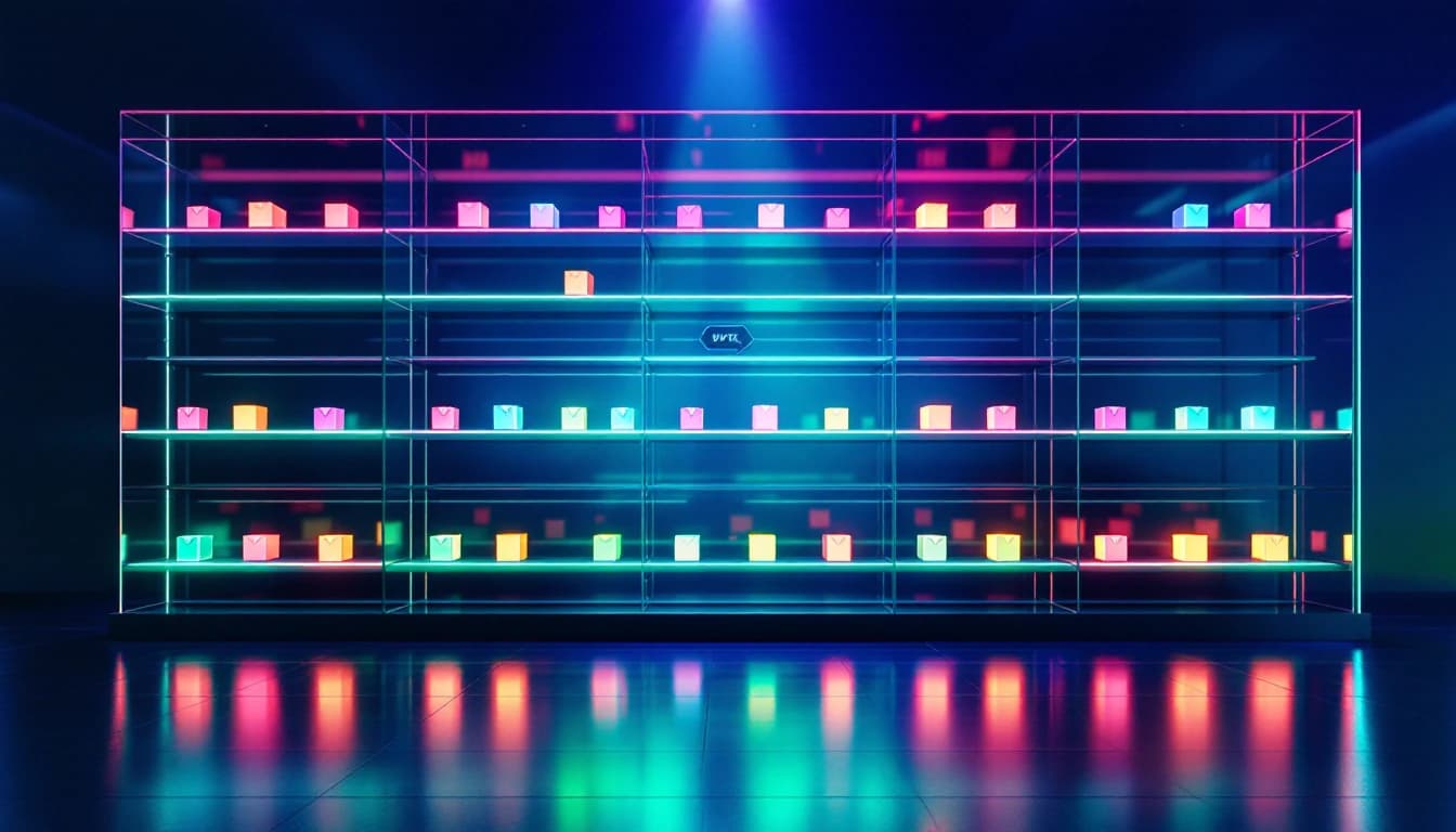 Photorealistic 3D render of a glowing glass shelving grid holding rows of small neon product-box icons, with translucent duplicate ghost-boxes stacked behind the real ones and an indigo funnel of light sweeping down to filter the grid, representing faceted navigation creating duplicate collection URLs