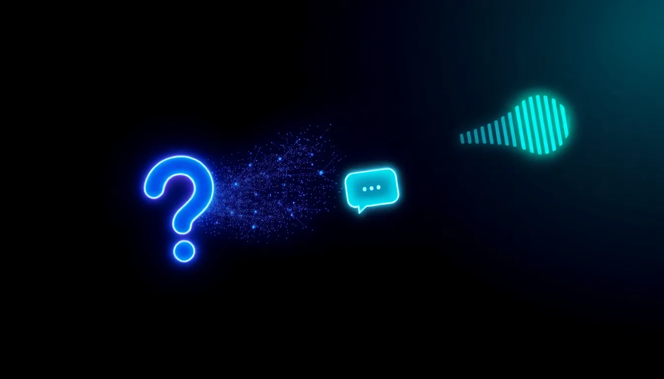 Abstract illustration of a glowing question-mark shape dissolving into a document that feeds a chat bubble and a voice-wave icon, representing content becoming the direct answer inside search, voice and AI results