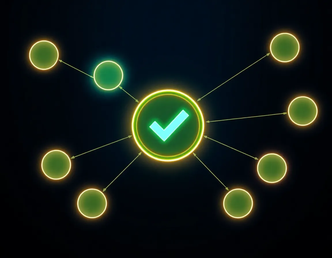 Infographic-style illustration of a six-step checklist radiating from a central checkmark seal, representing a practical Answer Engine Optimization audit