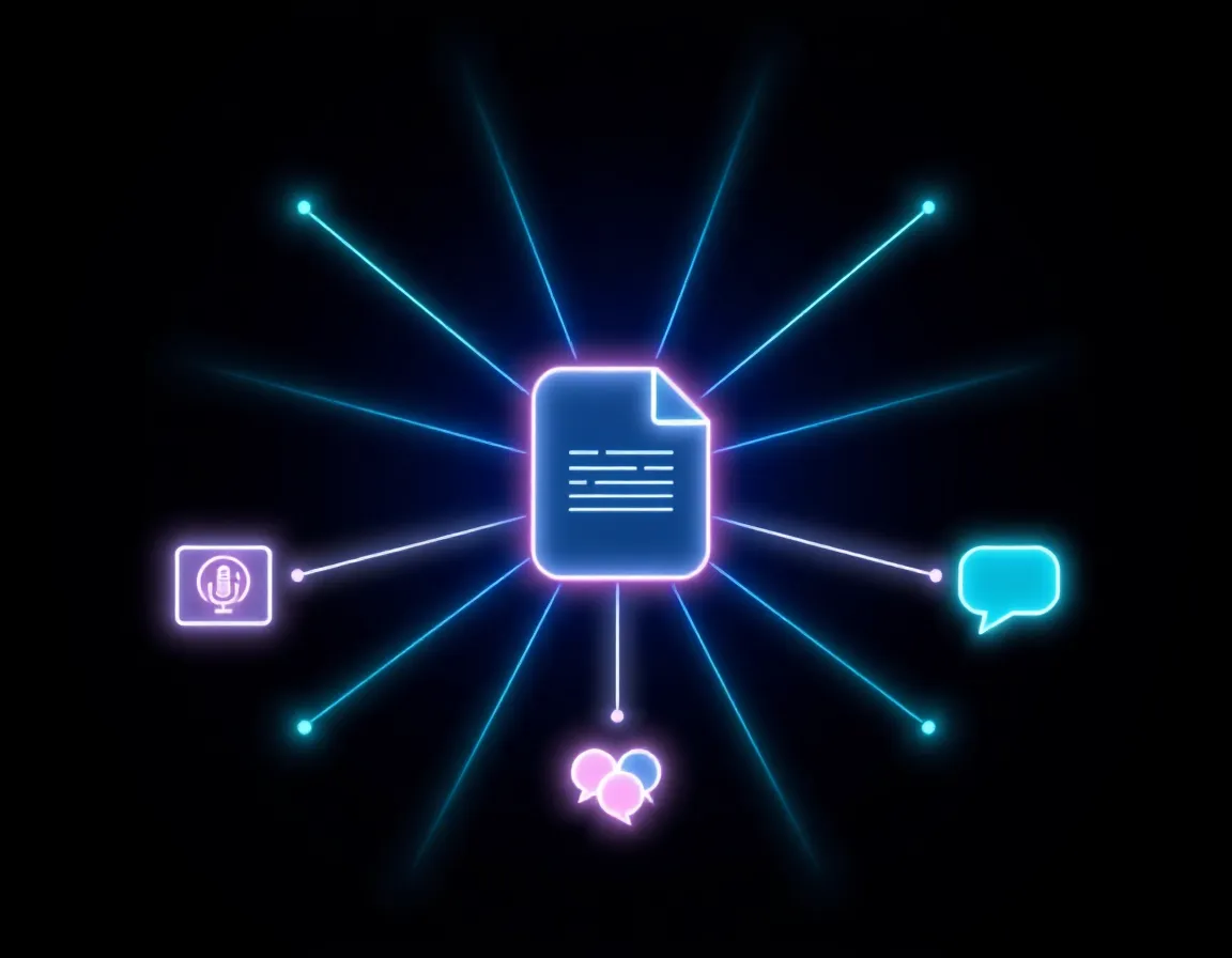 Abstract diagram of a single document radiating into four distinct answer surfaces — a snippet box, a Q&A dropdown, a voice waveform, and a chat bubble — representing the different places an AEO placement can appear