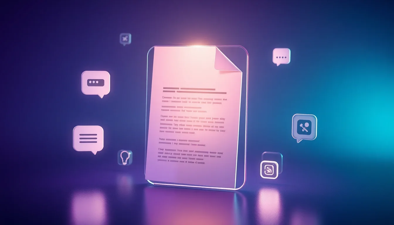 Abstract illustration of a glowing document connected by light beams to AI chat and search icons, representing content being cited as a source by AI engines
