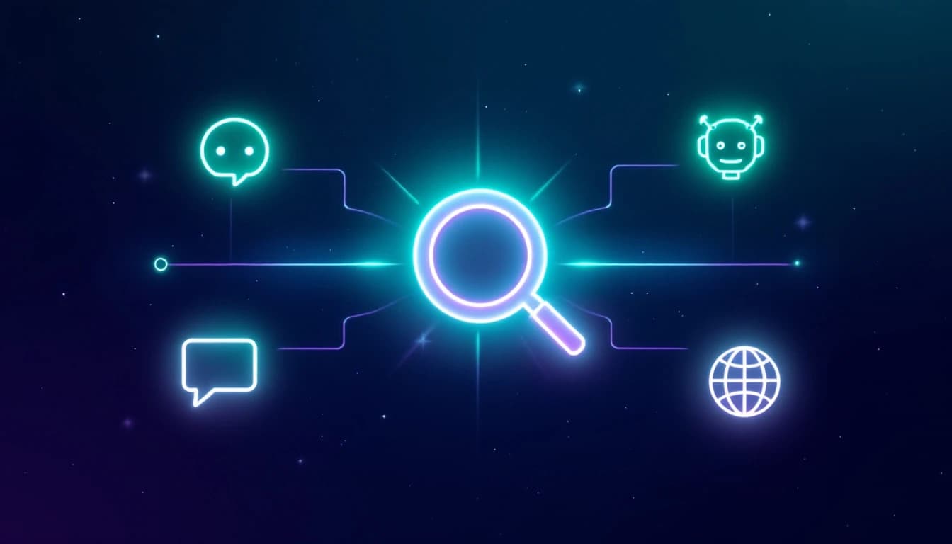 Abstract illustration of a glowing magnifying glass at the center radiating light beams outward to five small icons representing different AI engines — a chat bubble, a robot face, a compass, a spark, and a globe