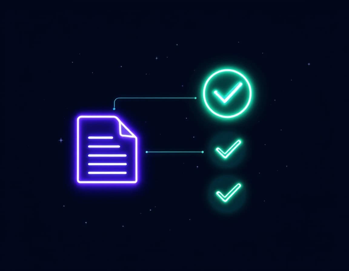 Abstract illustration of a glowing document icon connected by a thin light line to a vertical stack of three glowing checkmark icons, representing the technical checklist for AI search optimization