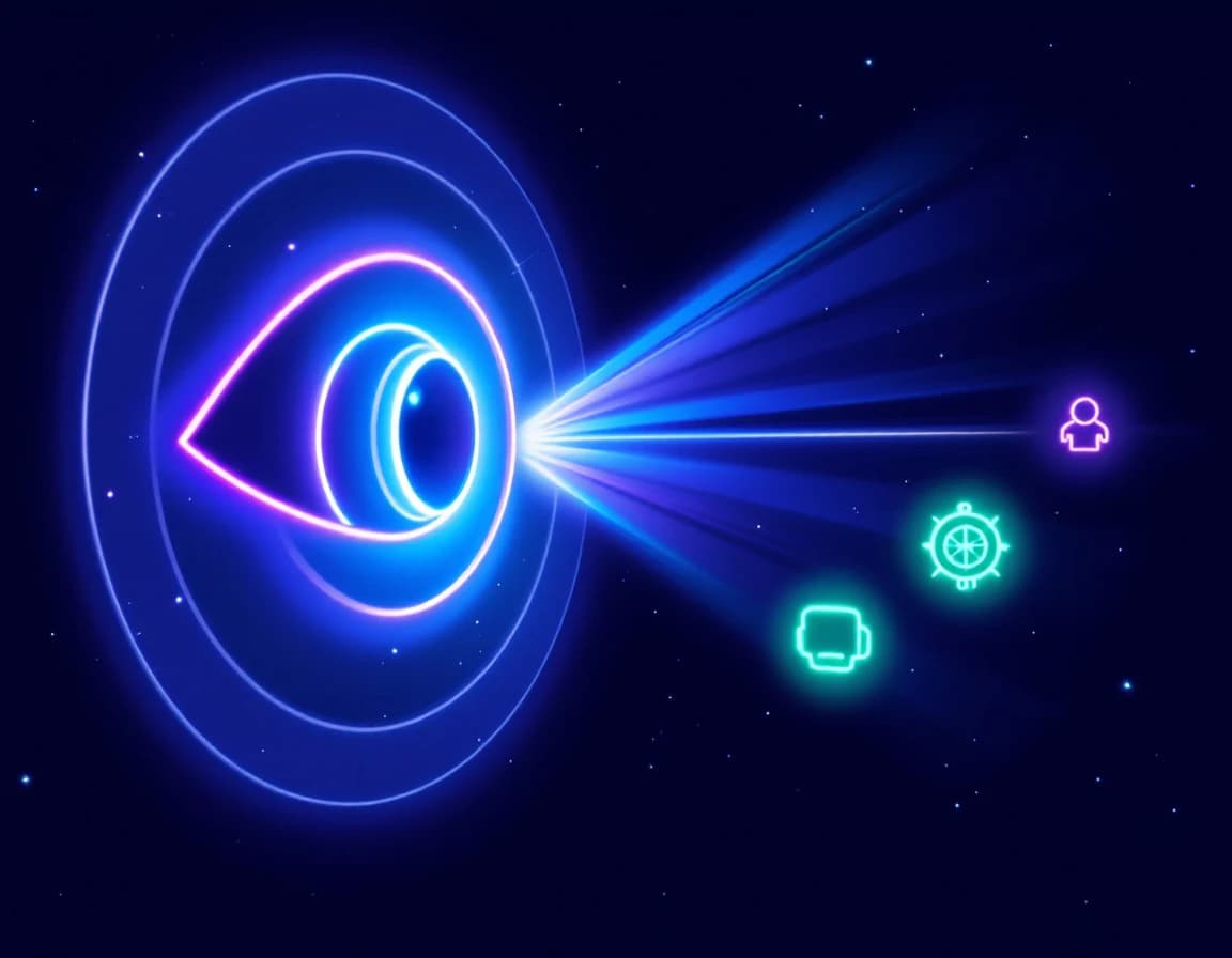 Abstract illustration of a glowing eye icon with a sweeping scan-line arc pointed at a row of small glowing AI-engine icons — a chat bubble, a robot face, and a compass
