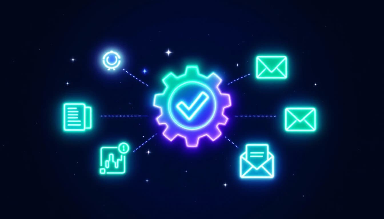 Abstract illustration of a glowing gear icon merged with a checkmark at its center, with three small icons orbiting it — a document, a chart, and an envelope