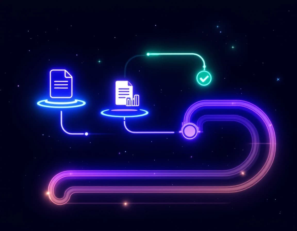 Abstract illustration of a glowing pipeline icon with a document icon entering one end and a checkmark and chart icon exiting the other end, representing a hands-off managed process