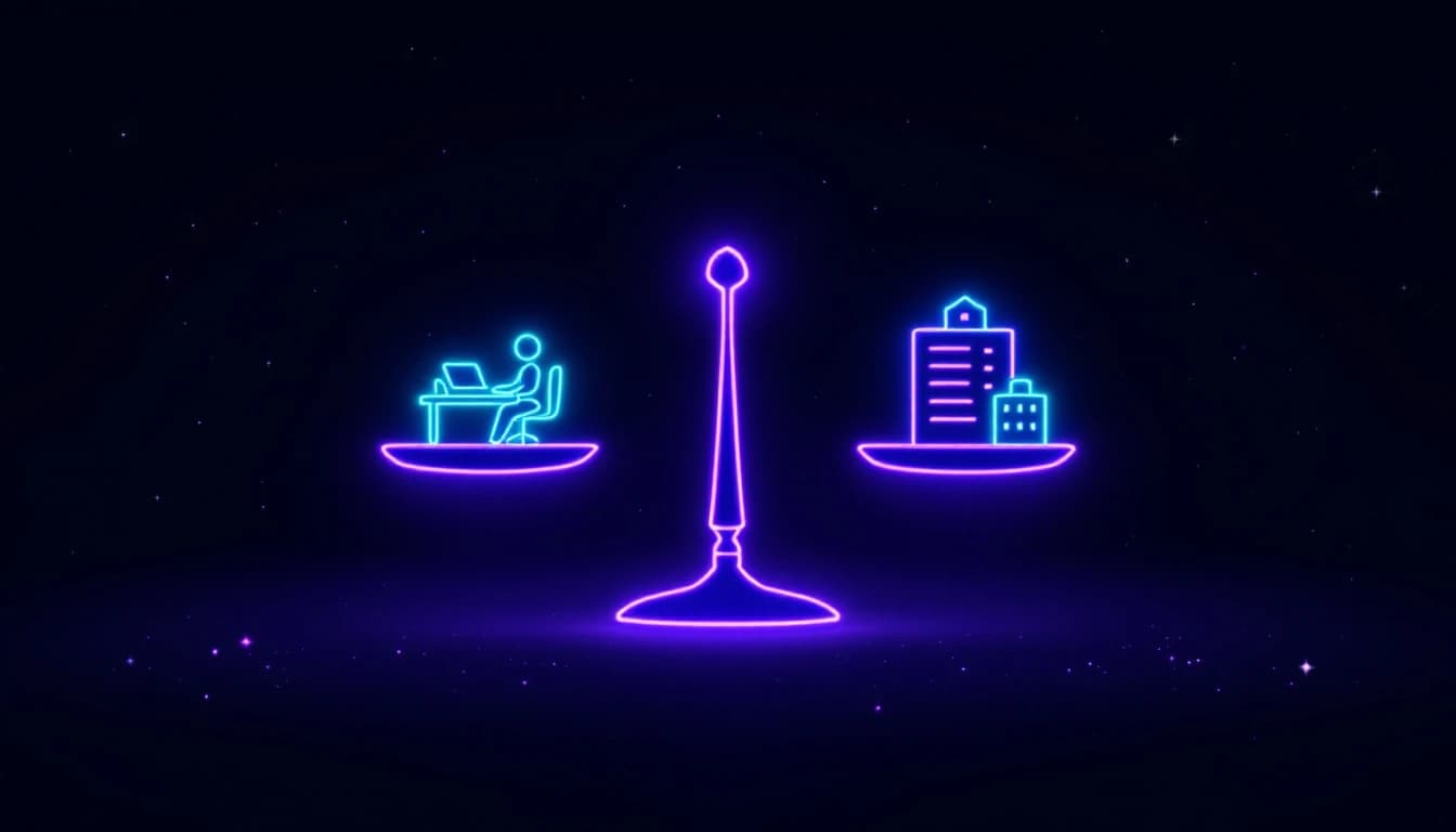 Abstract illustration of a glowing balance scale, one side holding a small desk icon representing in-house hiring and the other holding a small building icon representing an agency