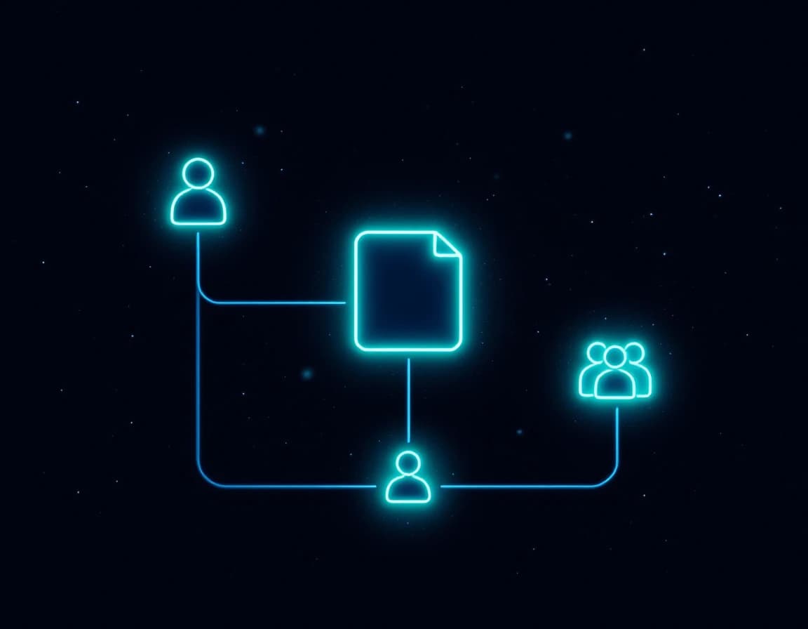Abstract illustration of a glowing document icon branching along two thin light lines into two paths, one ending in a person icon and the other in a group icon