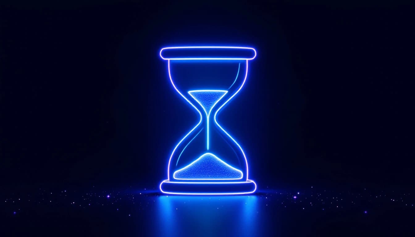 Abstract illustration of a glowing hourglass icon with an upward-trending line growing up through the center of it, representing SEO results compounding over time