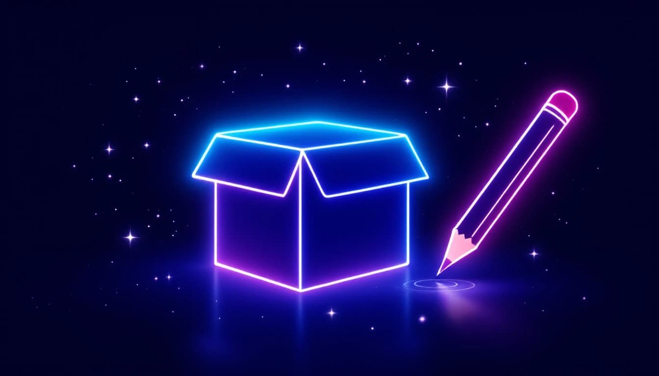 Abstract illustration of a glowing product box icon with a small pencil icon beside it, thin light particles flowing from the pencil onto the box