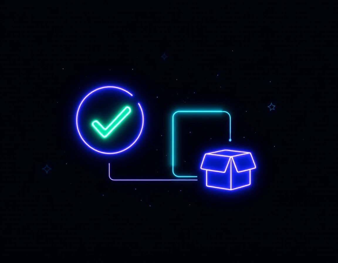 Abstract illustration of a glowing checklist icon with three checkmarks beside a small product box icon, connected by a thin light line
