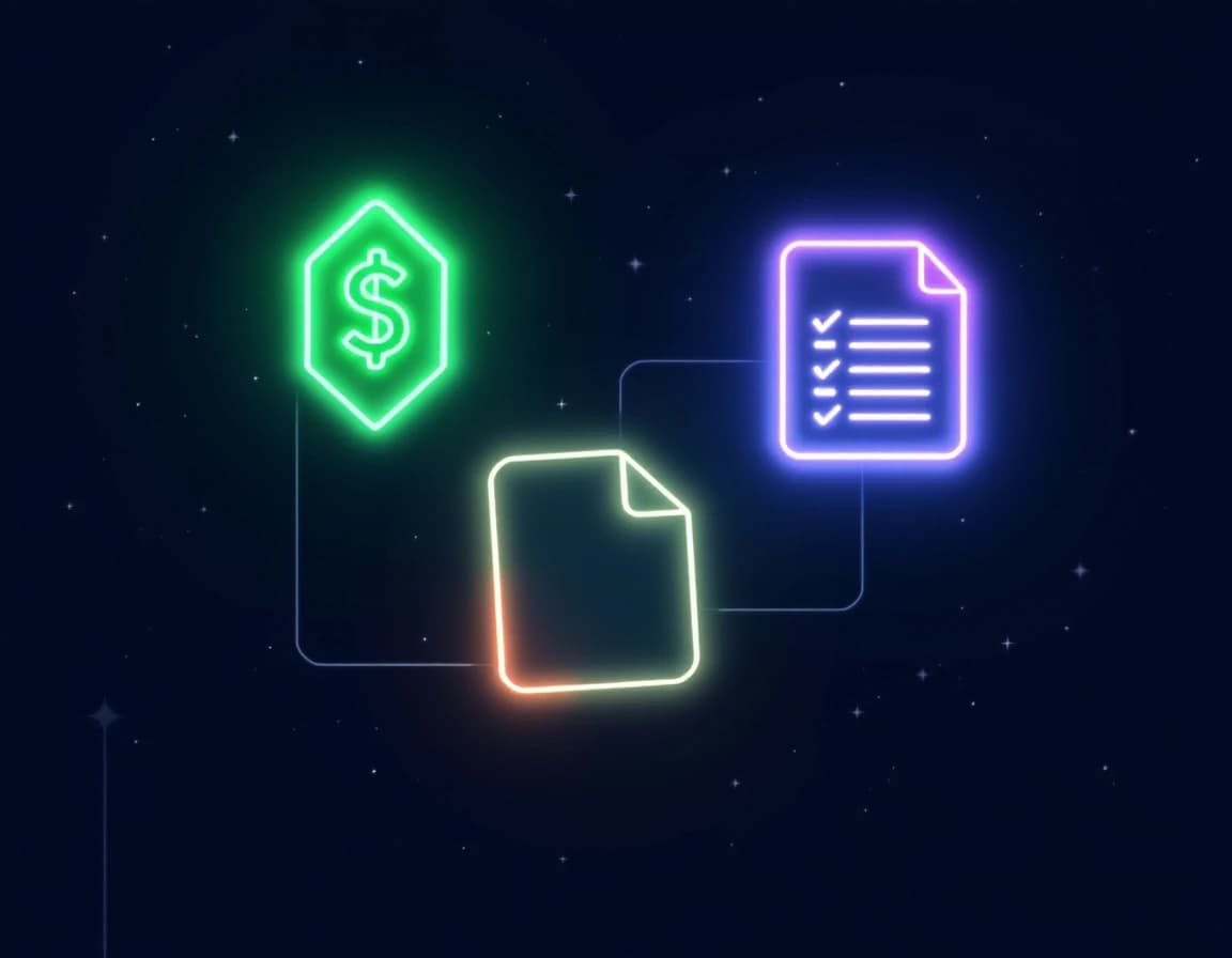 Abstract illustration of a glowing price-tag icon connected by a thin light line to a document icon with checklist lines, representing transparent retainer pricing tied to real deliverables