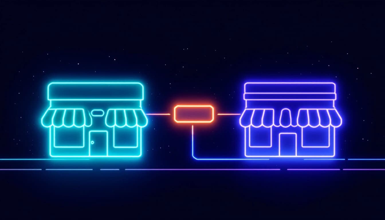 Abstract illustration of two glowing storefront icons with a small blank label tag passing between them along a thin light line, representing a white label service handoff between provider and agency